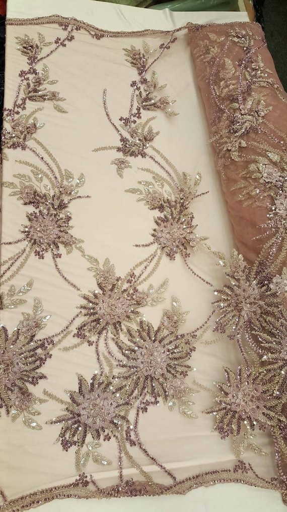 Embroidered Mesh Lace Fabric Peach Sequins Flower Dress Bridal By The Yard