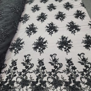 Fabric By The Yard Black Lace Beaded Floral Flowers Embroidery on Mesh Prom Gown Bridal Evening Dress Fashion Lace Quinceañera Scalloped
