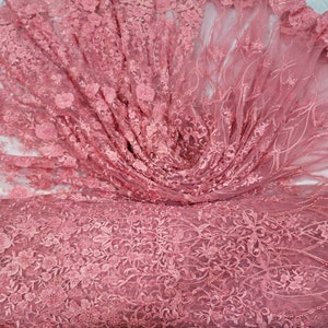 Fabric Sold by The Yard Coral Beaded Embroidery Lace Sequin On Mesh Evening Dress Bridal Quinceañera Gown Prom Sweet Sixteen Fabric