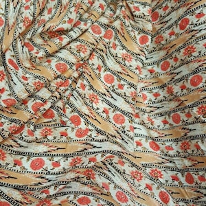 Rayon challis coral peach floral flowers black and off white fabric sold by the yard small flowers draping decoration clothing dress flowy