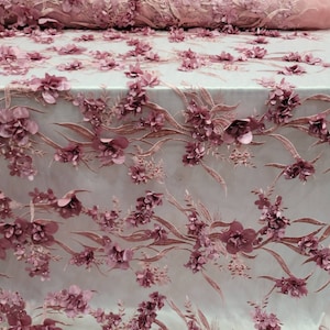 Fabric Sold By The Yard Mauve Lace 3d Floral Flower Pearls Embroidery Bridal Evening Dress Quinceañera Gown Prom Dress