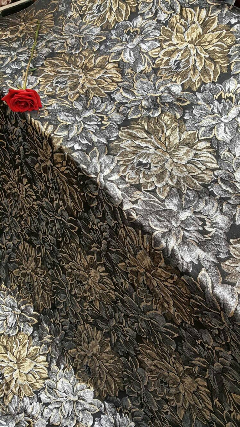 Fabric Sold by the Yard Brocade Gold and Silver Floral Flowers Fashion Jacquard Quincea\u00f1era Dress Bridal Evening Gown Prom