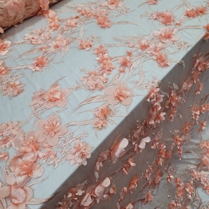 Fabric Sold By The Yard Peach Lace Embroidery 3d Floral Flowers Quinceañera Dress Bridal Gown  Couture Tela Para Costura