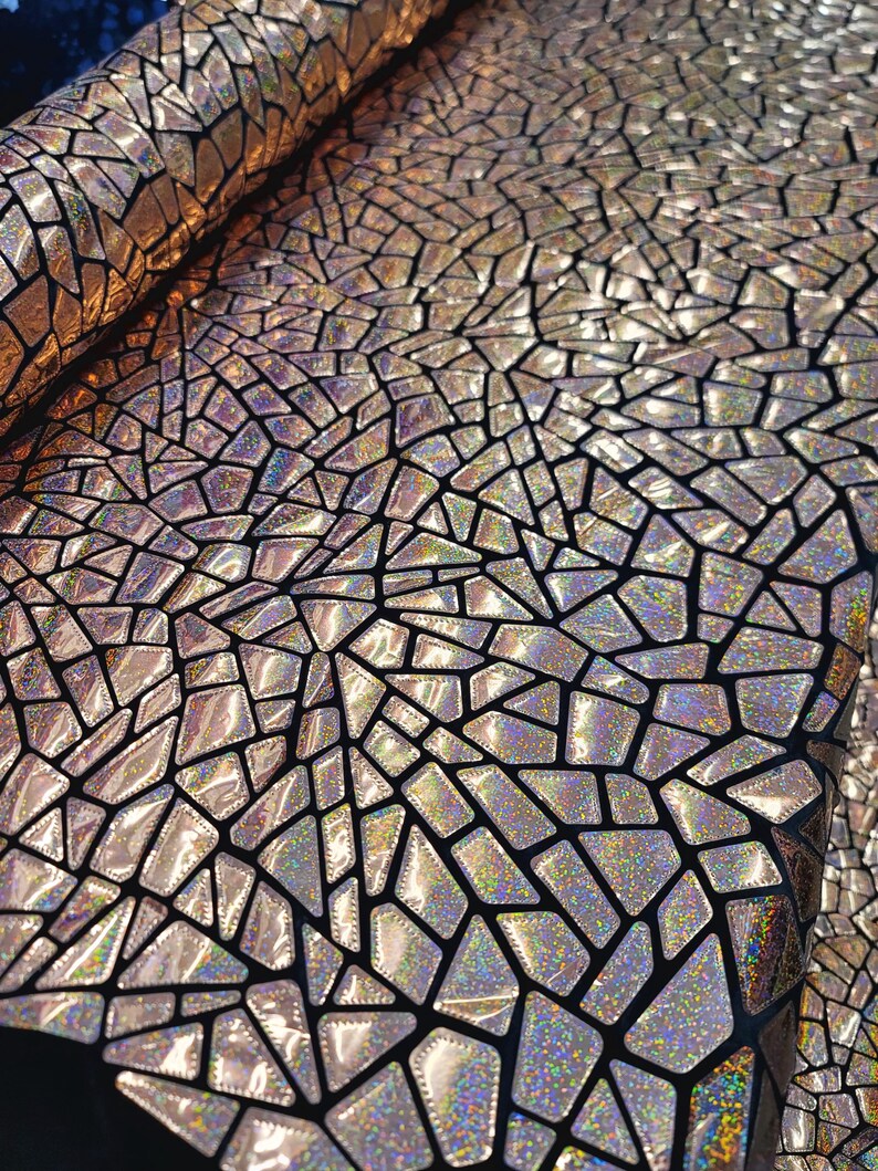 Rose Gold Iridescent Geometric Sequin Fabric On Black Velvet Stretch (By The Yard) image 5