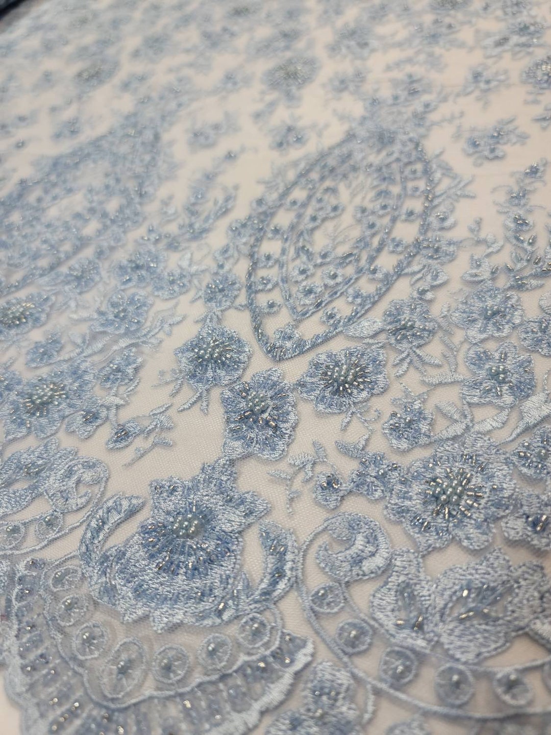 Fabric Sold by the Yard Sky Blue Beaded Lace Embroidery Floral Flowers ...