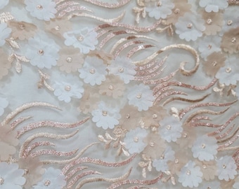 Champagne Lace Floral Flowers Embroidery Sequin Mesh Fabric by the Yard ...