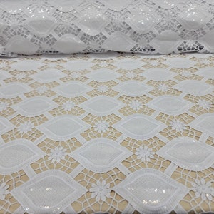 Fabric Sold By The Yard White Bridal Lace Embroidery Guipure Lace Geometric Floral Pattern Clear Sequin Wedding Dress Tela Para Costura
