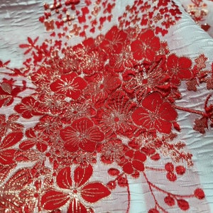 Fabric Sold by The Yard White Brocade Red Gold Floral Flowers French White Organza Gown Prom Quinceañera Bridal Dress