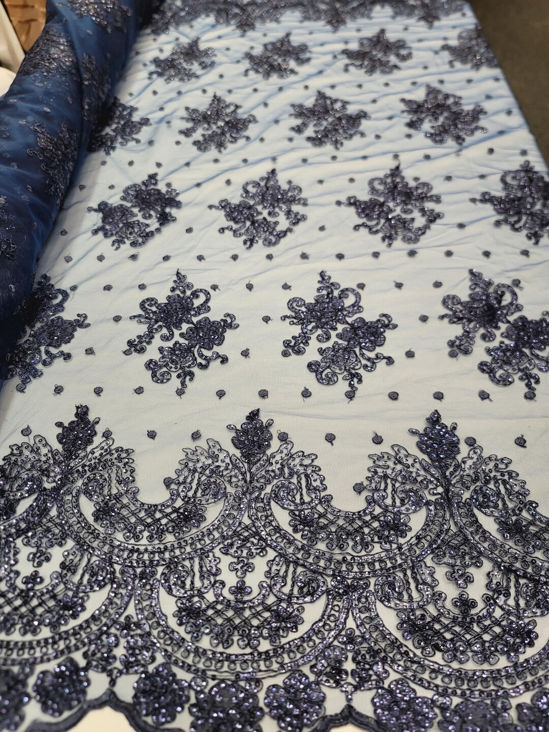 Fabric by the Yard Navy Blue Lace Cord Embroidery on Mesh Floral ...