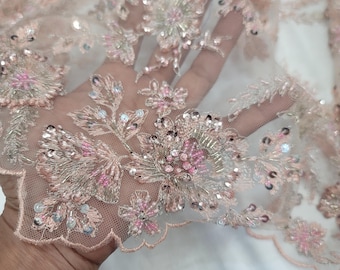 Pink Blush Beaded Lace Fabric: Silver Sequins Floral Embroidery