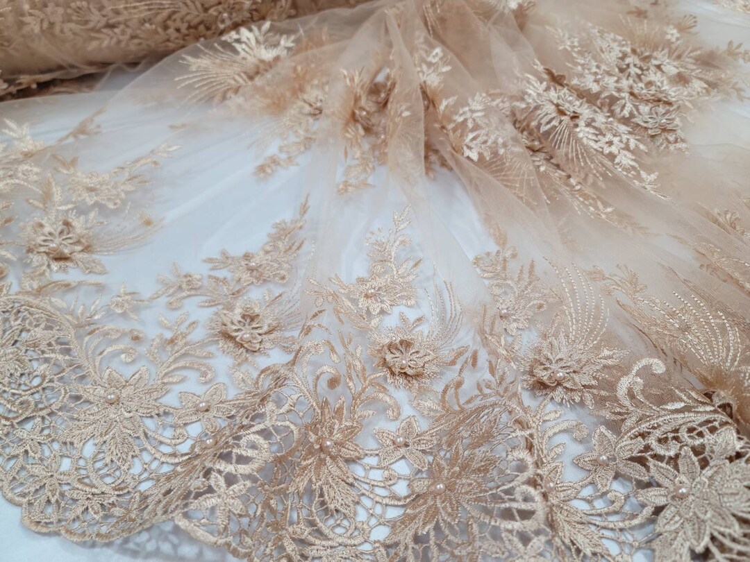 Royalty Fabrics Fire/Flames hand beaded design embroider on a mesh lace-prom-sold by the yard. Beige
