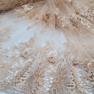 Fabric Sold By The Yard Champagne Beaded Lace 3d Embroidery Floral Flowers On Mesh Prom Bridal Evening Dress Quinceañera Gown Wedding