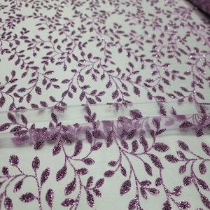 Fabric Sold By The Yard Lavender Beaded Lace Embroidery Floral Flowers Glitter On Mesh Prom Evening Dress Bridal Quinceañera Gown