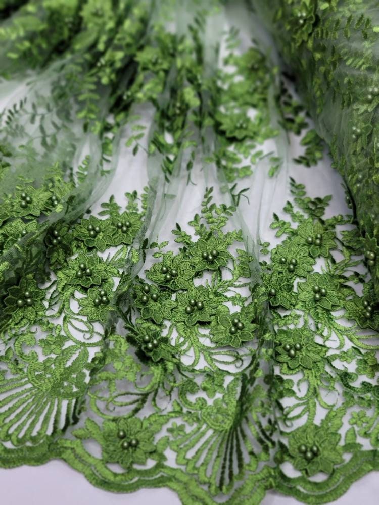 Olive Green Beaded Floral Lace Fabric: 3D Embroidery, Double