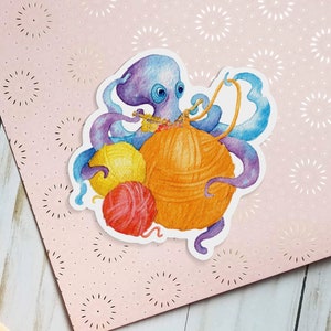 Knitting Octopus Sticker | Hand Painted Watercolor Stickers | Waterproof