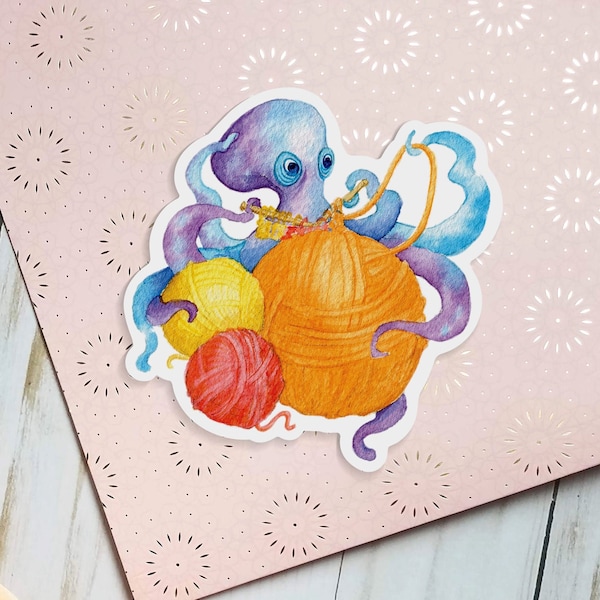 Knitting Octopus Sticker | Hand Painted Watercolor Stickers | Waterproof