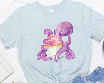 Cupcake Octopus tshirt | Watercolor painting on t-shirt | Hungry Octopus Eating Dessert