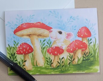 Mouse in the Red Mushrooms Note Card | 4x6 Card with Envelope | Greeting Card