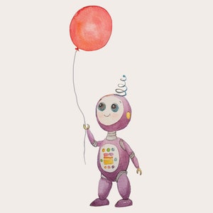 Purple Robot with Balloon - digital download