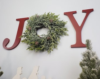 JOY Sign With Wreath – Farmhouse Christmas Decor Indoor - Red Large Wooden Letters for Wall Decoration - Holiday Home Decor