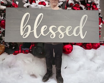 Wood Blessed Sign for Wall Decor | Large Blessed Word Sign | Thanksgiving Decor | Family Room and Dining Room Decor