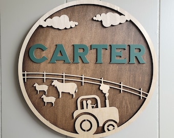 Tractor Nursery Name Sign | Boy Room | Farm Theme Personalized Wooden Name Sign