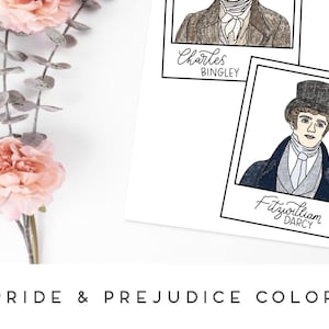 Pride & Prejudice Character Coloring Pages | Jane Austen Inspired | Darcy | Elizabeth | Jane | Bingley | Regency Era | Jane Austen Book Club