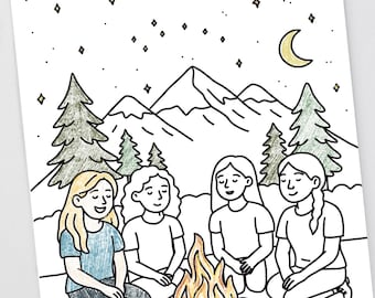 Página para colorear de campamento para niñas: Fogata bajo las estrellas (Descarga digital)