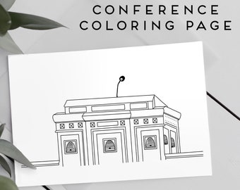 Página para colorear de la Conferencia General: Púlpito y flores (Descarga digital)