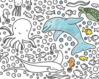 Página para colorear del océano / Diseño ilustrado a mano / Dibujos imprimibles con temática oceánica / Delfín, tortuga y pez / Página para colorear grande