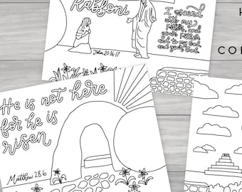 Página para colorear panorámica de "Él ha resucitado" / Diseño ilustrado a mano / Decoración de Pascua imprimible / Arte cristiano / Semana Santa / Pancarta de Pascua