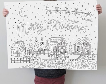 May include: Black and white illustration of a Christmas scene with the words "Merry Christmas" in a decorative font. The image features a gingerbread village, Santa's sleigh, and a crescent moon.