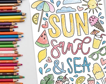 Dibujos para colorear de verano / Verano / Página para colorear imprimible / Diversión bajo el sol / Playa / Niños y adultos