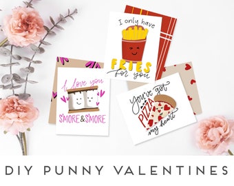 DIY Printable Punny Valetines | Food Puns: S'mores, Fries, Donut, Pizza | Funny Valentines