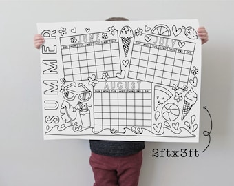 Calendario de verano GRANDE para colorear / Diseño ilustrado a mano / Calendario de verano imprimible / Junio, julio, agosto / Calendario grande / Personalizable