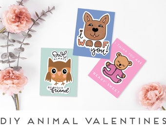 Tarjetas de San Valentín con animales divertidos para hacer tú mismo / Tarjetas de San Valentín de oso, búho y perro / Tarjetas de San Valentín imprimibles para niños