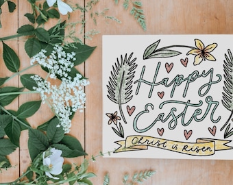 Happy Easter Coloring Page | Hand-Illustrated Design | Printable DIY Easter Decor & Stationery | Christian Art | Easter | Calligraphy