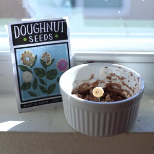 May include: A packet of "DOUGHNUT SEEDS" with a blue background and donut flower illustrations sits next to a white ramekin with soil and a donut-shaped object. The text "EASY TO GROW - FUN TO" is visible on the packet.