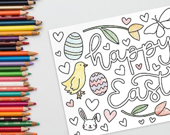 Feliz Pascua GRAN página para colorear / Diseño ilustrado a mano / Decoración de Pascua imprimible para hacer tú mismo / Pascua y primavera / Gran página para colorear