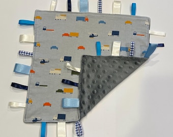 Blue Vehicle Tag Blanket | Sensory Toy for Babies