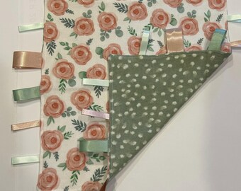 Pink Floral with Greenery Tag Blanket | Sensory Toy for Babies