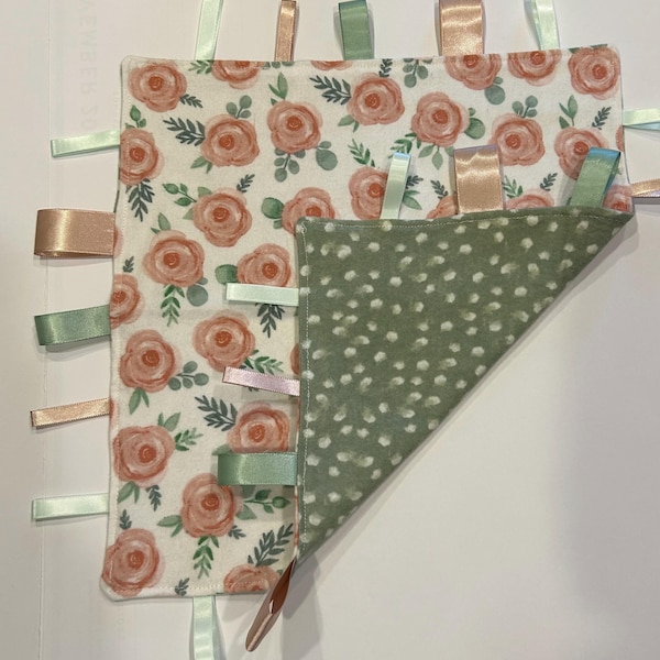 Pink Floral with Greenery Tag Blanket | Sensory Toy for Babies