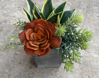 Rustic Faux succulent arrangement in metal container