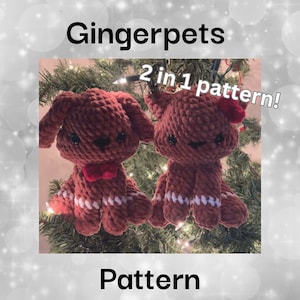 May include: Two crocheted brown dog ornaments with white and red accents, displayed on a Christmas tree. The ornaments have black eyes and are wearing a red bow tie and a red bow. The text "Gingerpets" and "Pattern" are displayed.