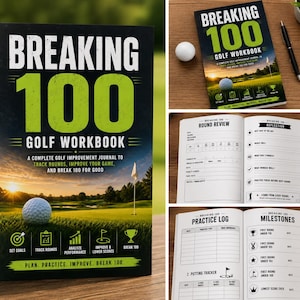 Puede incluir: Un cuaderno de ejercicios de golf Breaking 100 con una portada verde y blanca que muestra un campo de golf, una pelota de golf y páginas interiores con secciones para revisar rondas, reflexionar, registrar prácticas y seguir hitos.