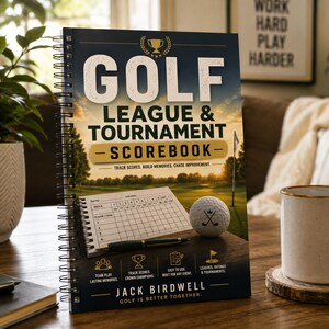 Könnte beinhalten: Ein spiralgebundenes Golf League & Tournament Scorebook mit dunkelblauem Einband, das einen Golfplatz bei Sonnenuntergang, einen weißen Golfball und eine Scorecard-Grafik zeigt. Der Text lautet Golf League & Tournament Scorebook, Jack Birdwell und Golf Is Better Together.
