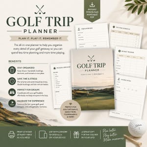 May include: A golf trip planner printable PDF set featuring a cover page with a golf course landscape, packing checklist, trip overview, tee time schedule, budget tracker, and course notes. Includes a white golf ball and a wooden tee on the side.