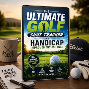 Puede incluir: Una tableta digital que muestra la portada del diario The Ultimate Golf Shot Tracker and Handicap Improvement Journal de Jack Birdwell, con un campo de golf, una pelota de golf y texto sobre el seguimiento del rendimiento y las puntuaciones.