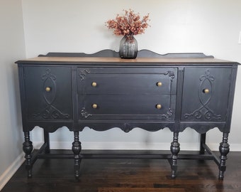 SOLD - Do Not Purchase* Black Jacobean-Style Vintage / Antique Buffet Sideboard Server Cabinet