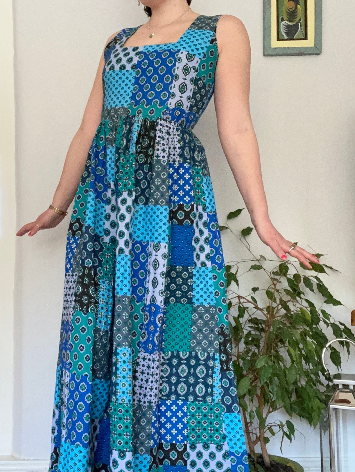 Vrai moyen de robe bleue de patchwork fait main de cru Etsy